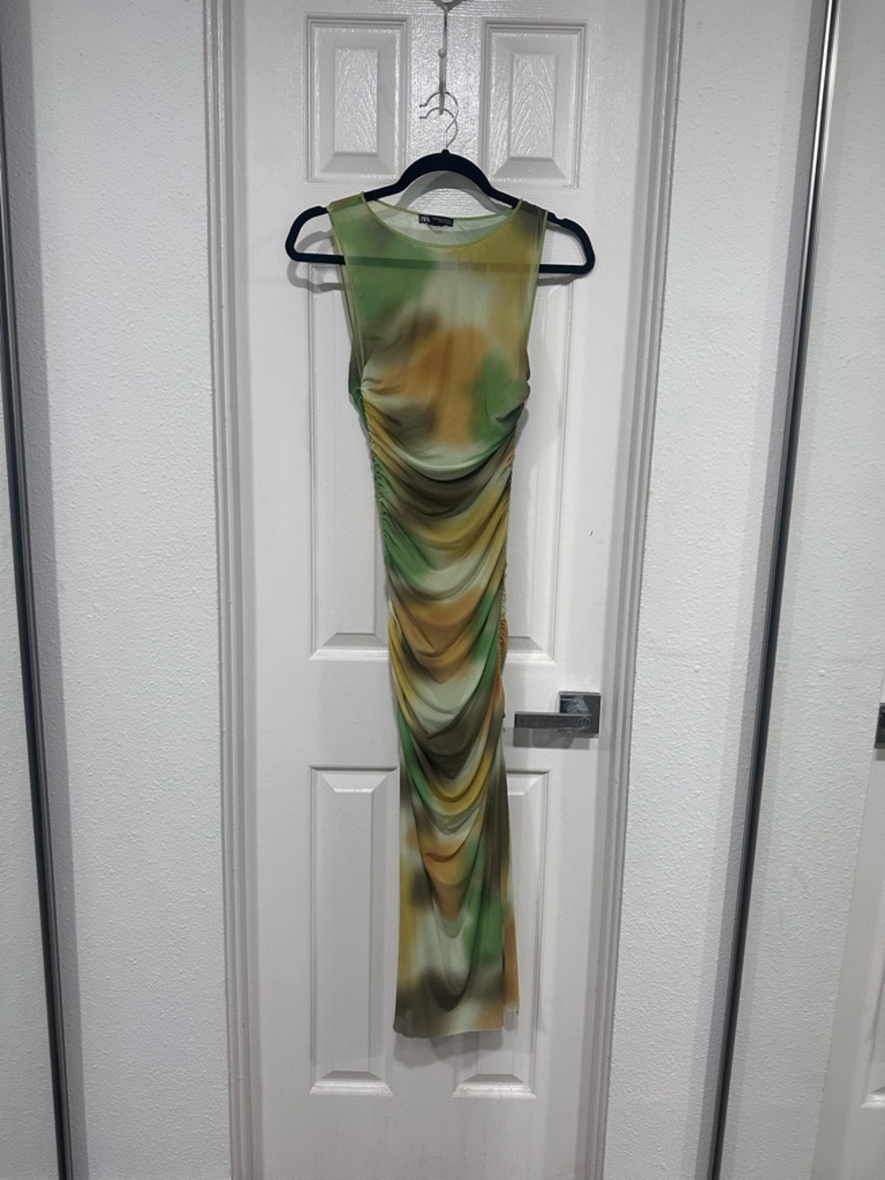 Zara Sleeveless Green and Yellow Ruched Maxi Dress